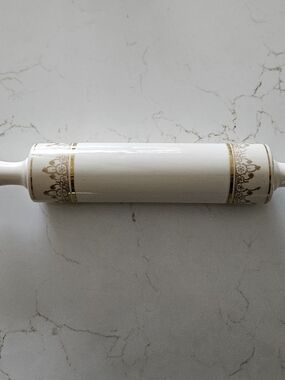 Vintage Harker White Ceramic Rolling Pin with Gold Filigree